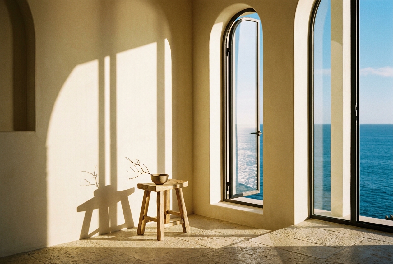 Sunlit treatment room with curved cream walls and a view toward the water