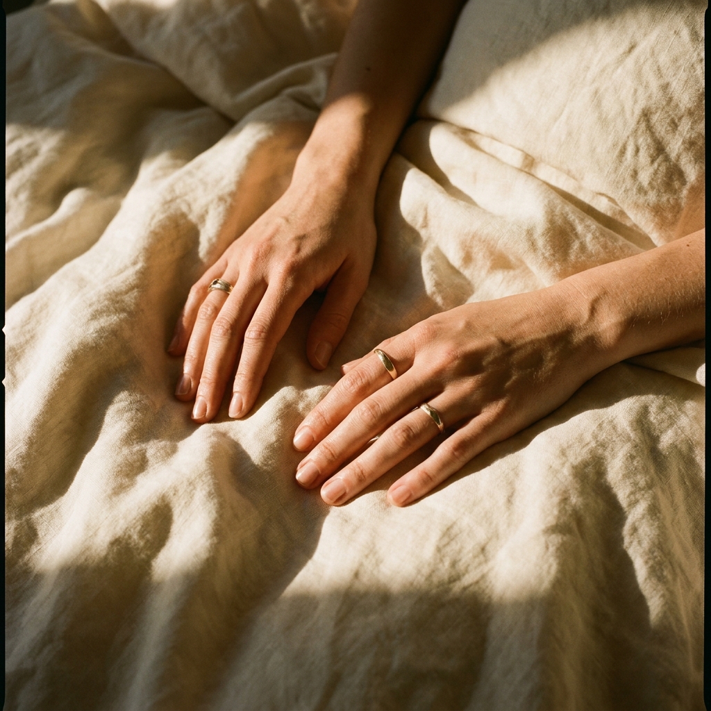 Hands resting naturally on warm cream linen