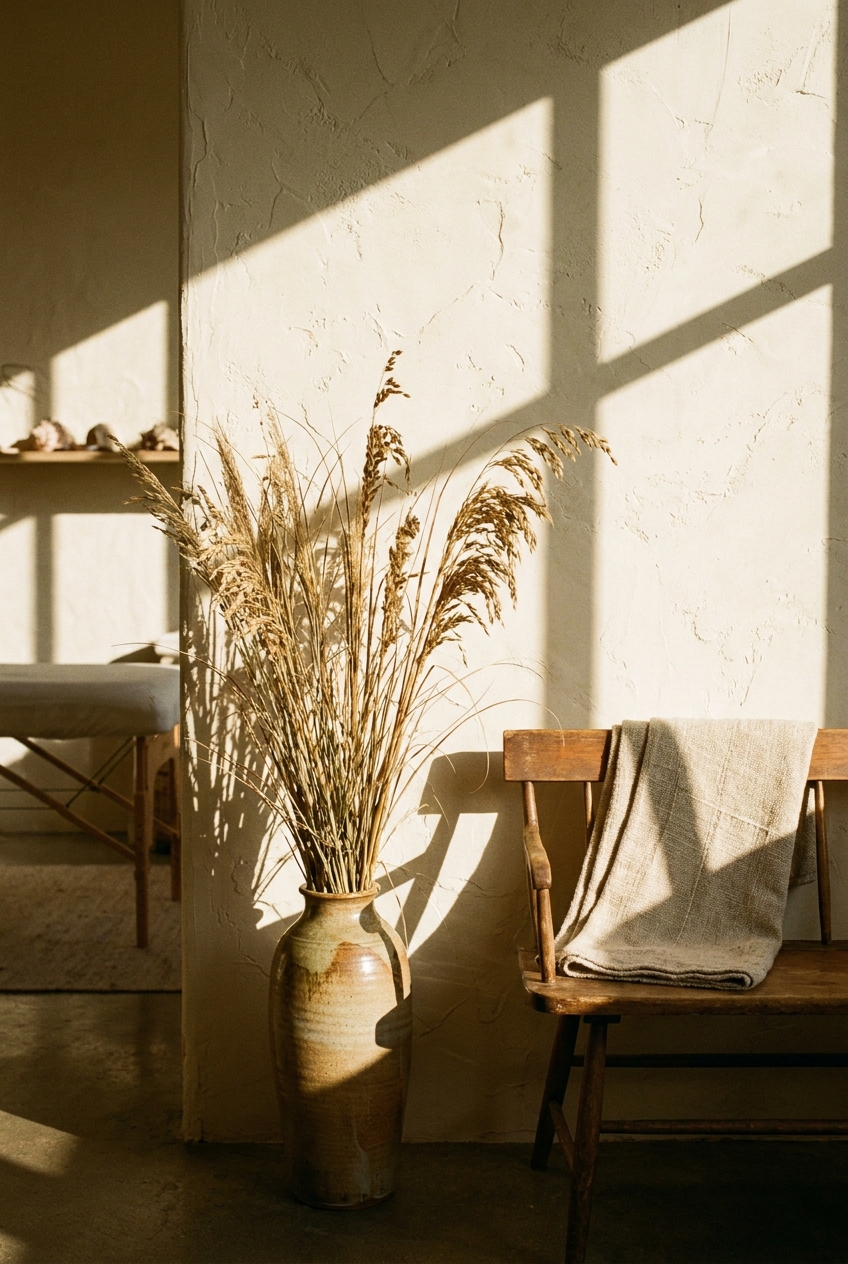 Ceramic vase and natural textures in warm afternoon light